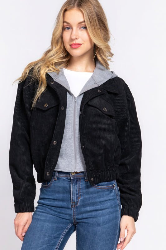 Women's Long Slv Hoodie Corduroy Jacket