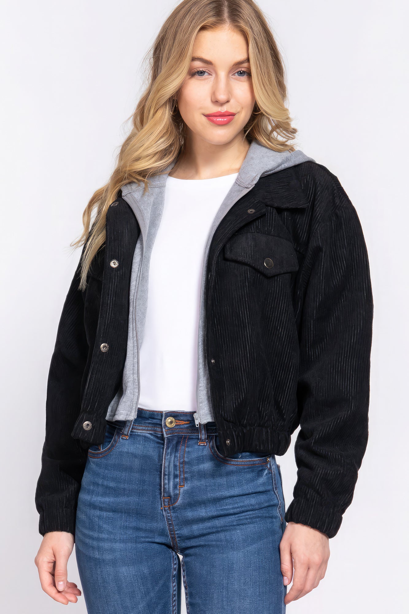 Women's Long Slv Hoodie Corduroy Jacket