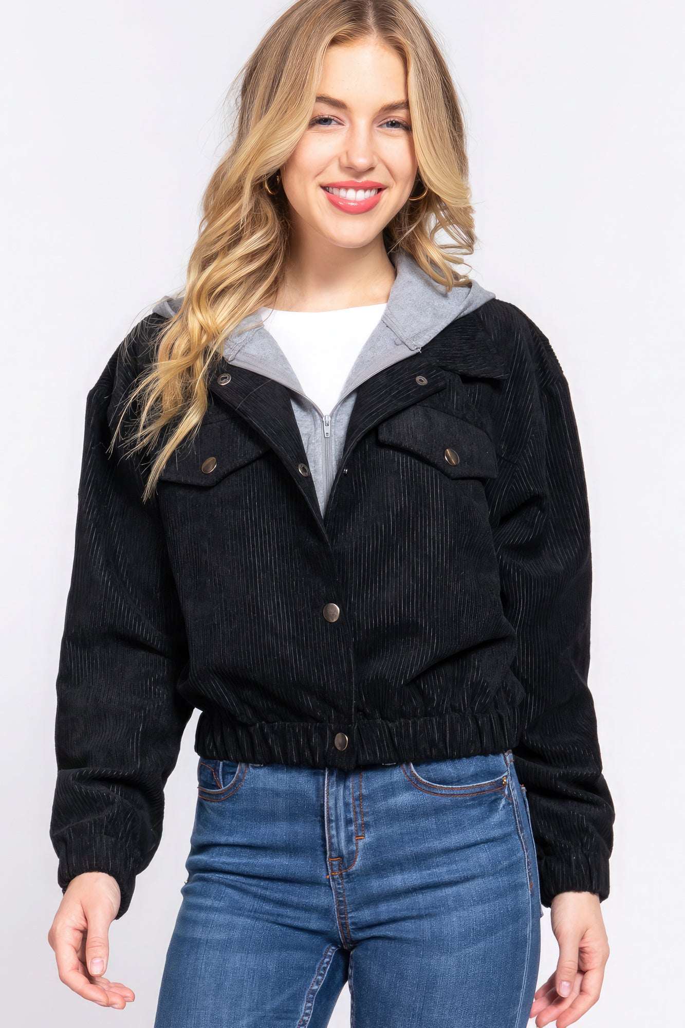 Women's Long Slv Hoodie Corduroy Jacket