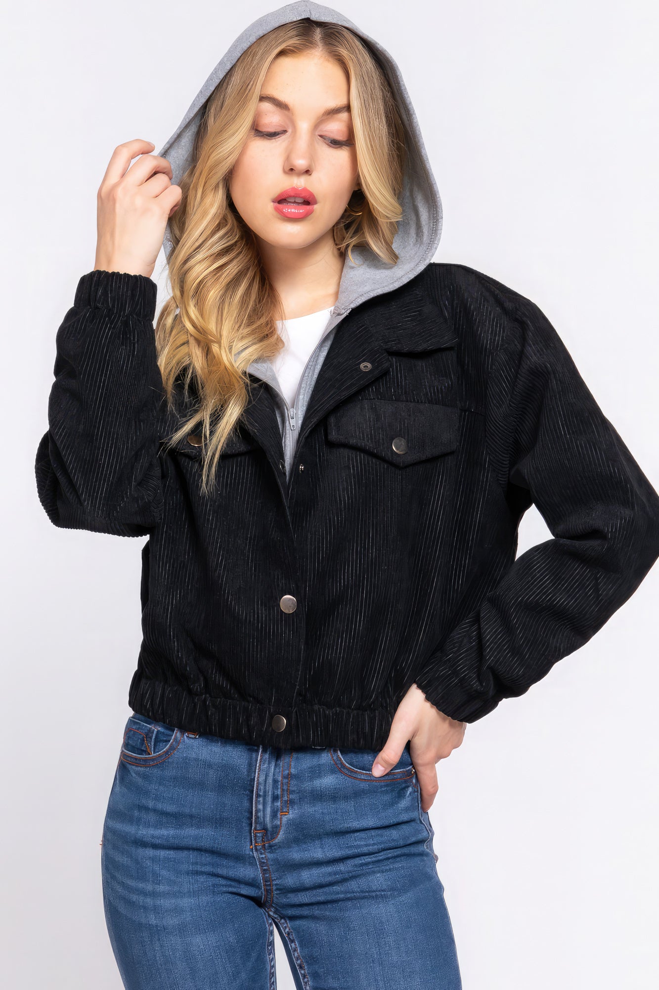 Women's Long Slv Hoodie Corduroy Jacket