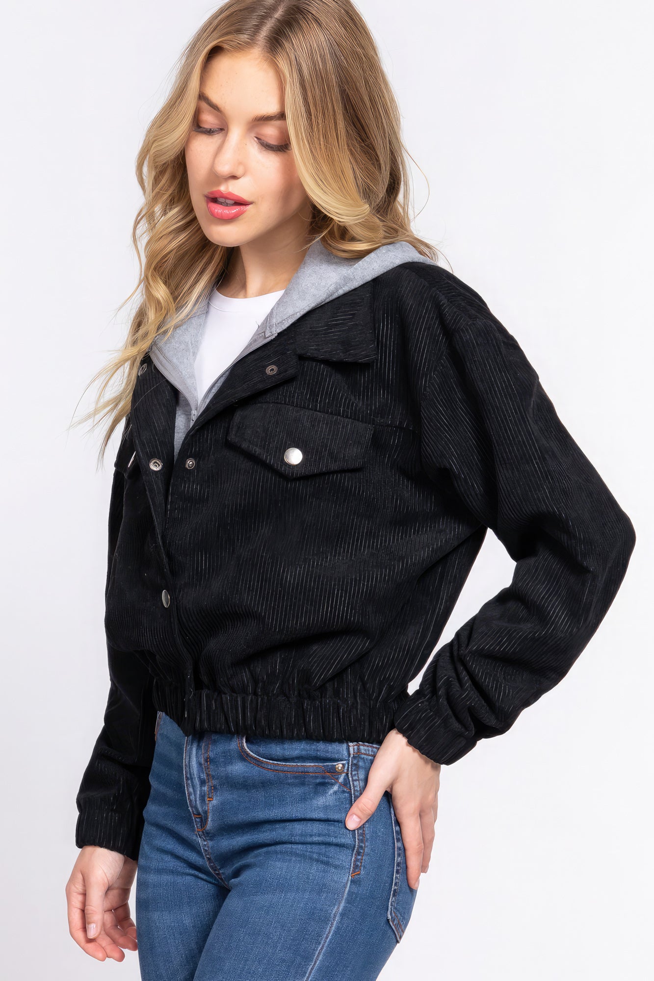 Women's Long Slv Hoodie Corduroy Jacket