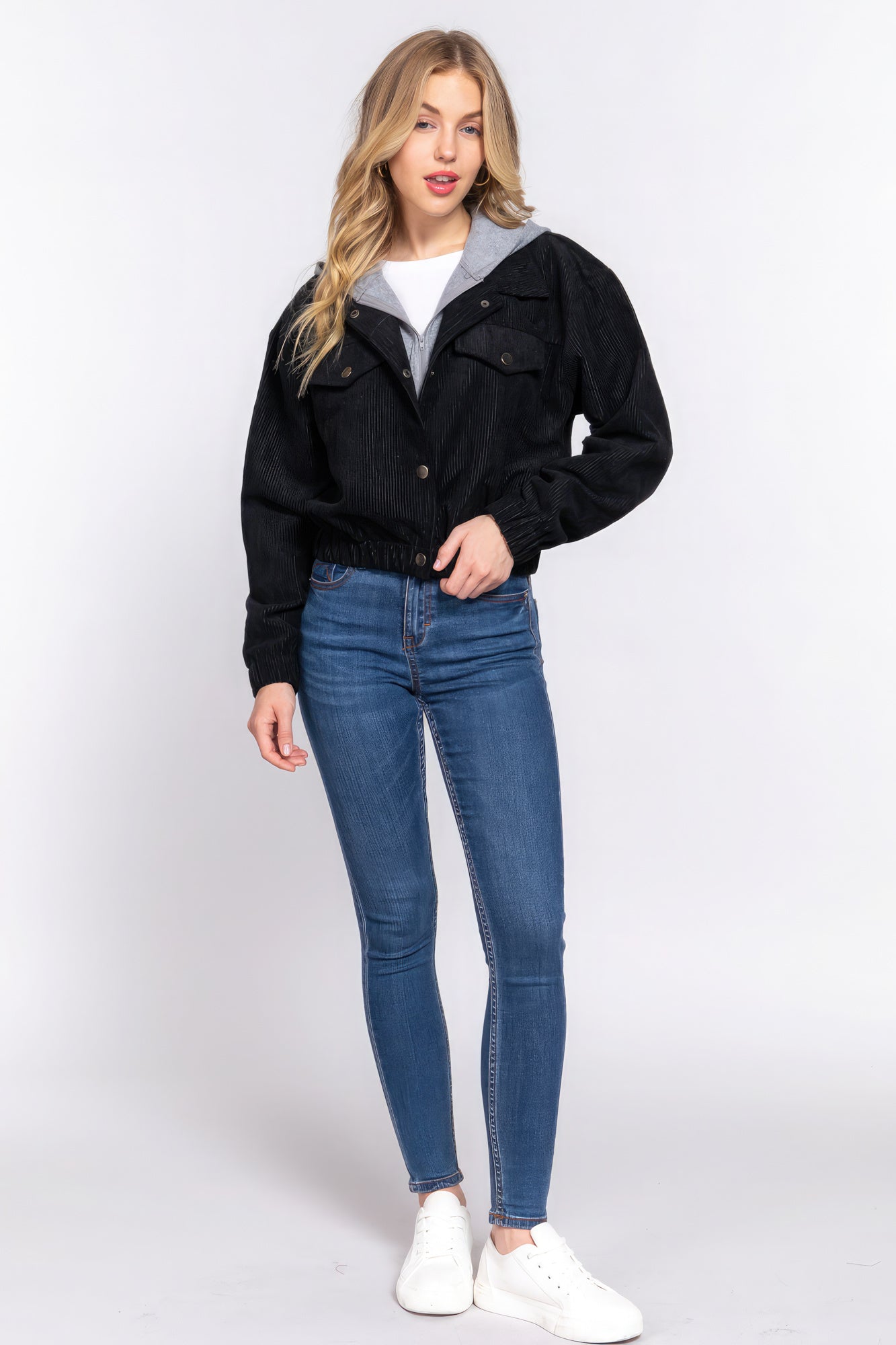 Women's Long Slv Hoodie Corduroy Jacket