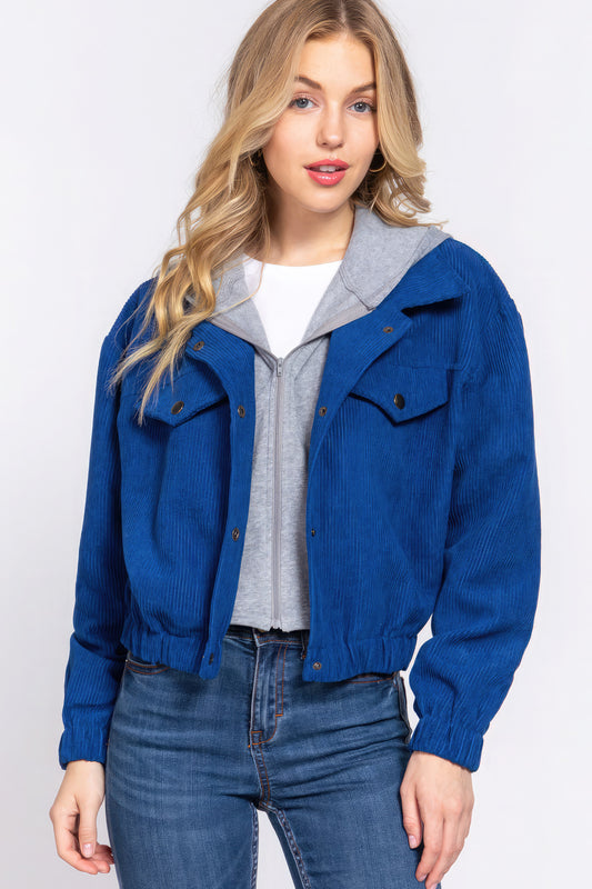 Women's Long Slv Hoodie Corduroy Jacket