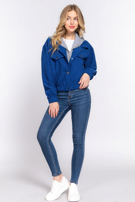 Women's Long Slv Hoodie Corduroy Jacket