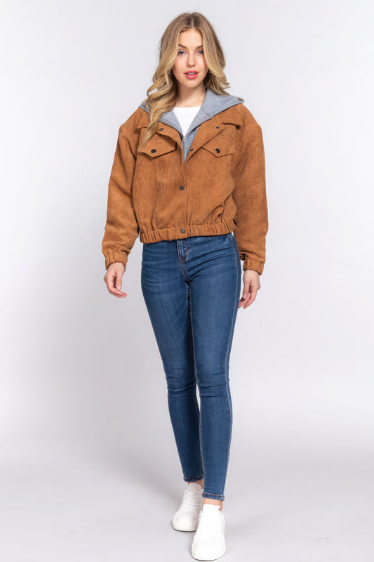 Women's Long Slv Hoodie Corduroy Jacket