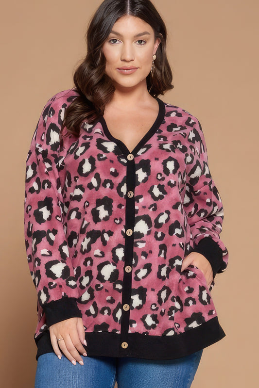 Women's Plus Size Cozy Animal Mir Print With Brush Button Up Cardigan