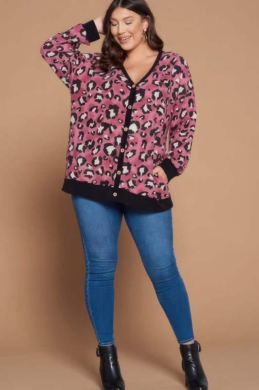 Women's Plus Size Cozy Animal Mir Print With Brush Button Up Cardigan