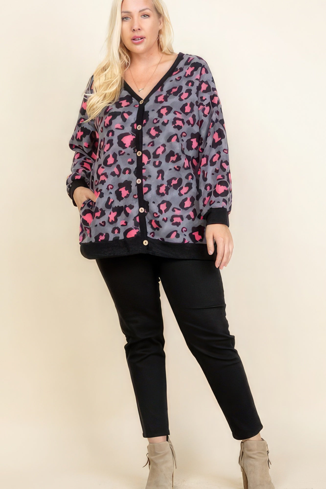 Women's Plus Size Cozy Animal Mir Print With Brush Button Up Cardigan