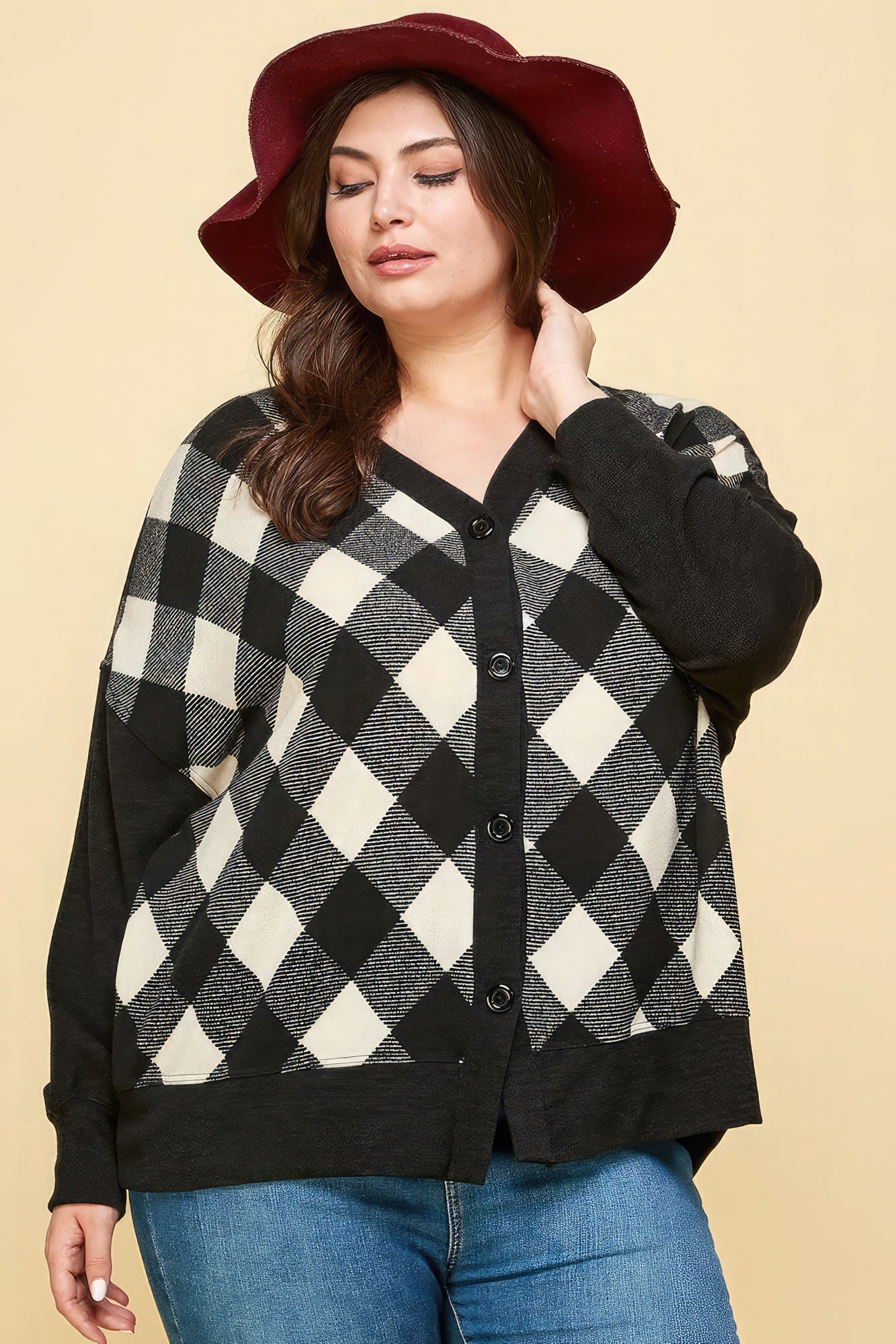 Women's Plus Size Buffalo Plaid Knit Button Up Oversize Cardigan