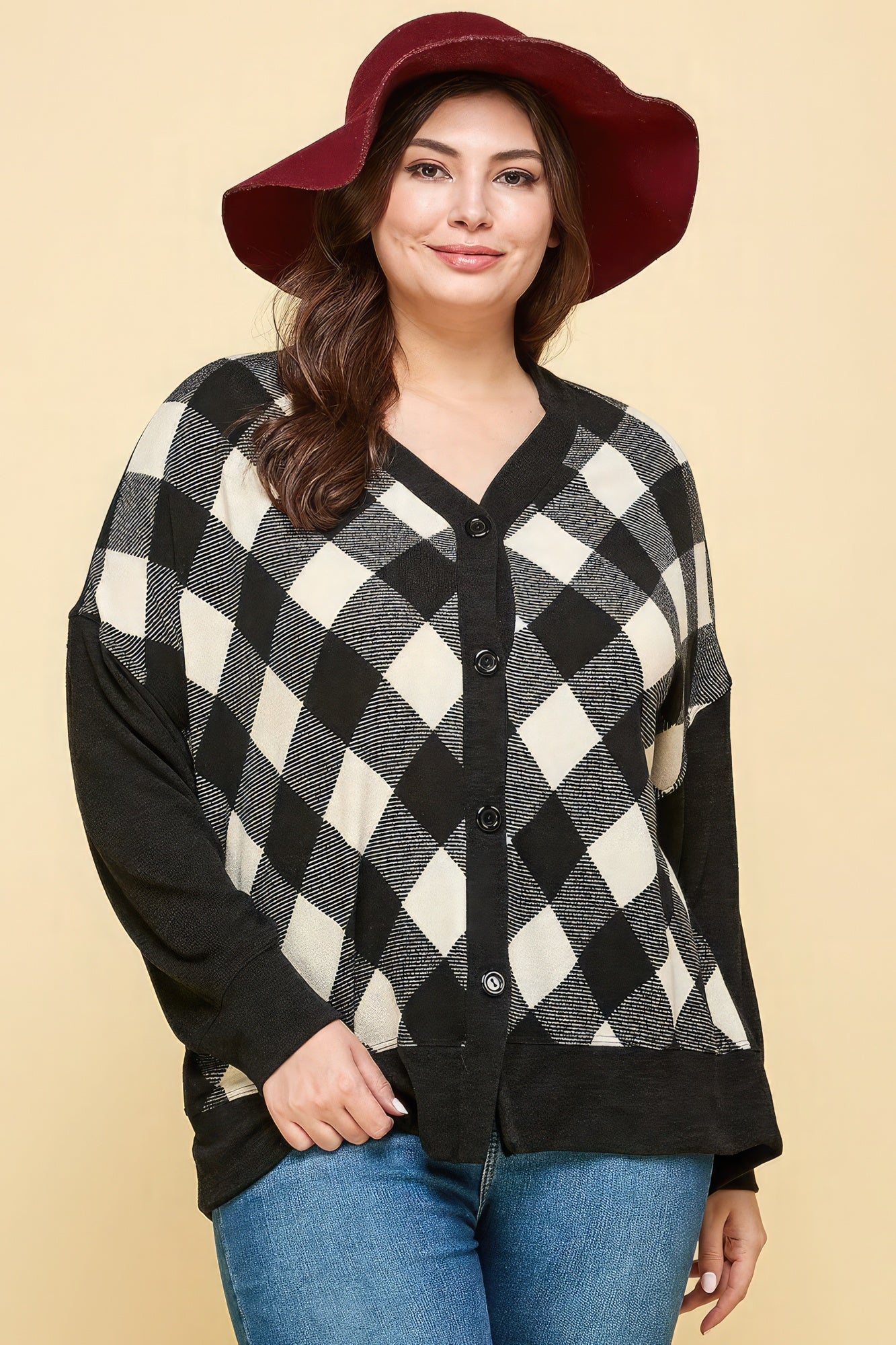 Women's Plus Size Buffalo Plaid Knit Button Up Oversize Cardigan