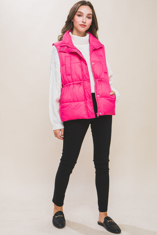 Women's Zip Up Button Puffer Vest With Waist Toggles