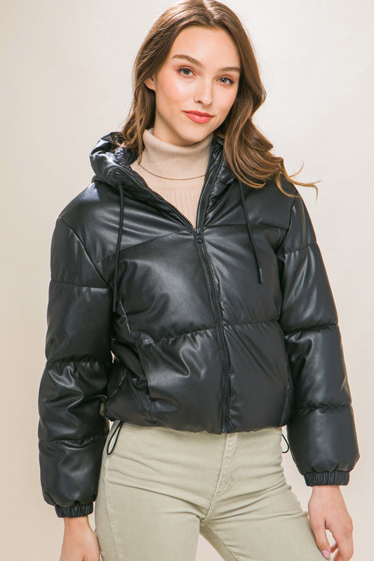 Women's Fashion Pu Faux Leather Zipper Hooded Puffer Jacket