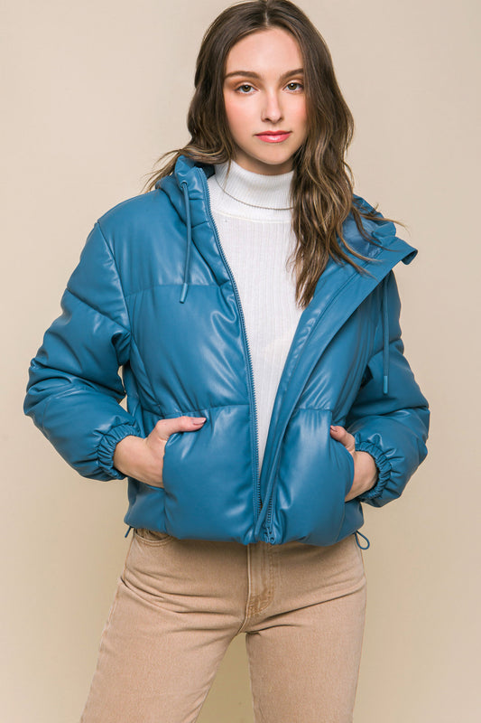 Women's Pu Faux Leather Zipper Hooded Puffer Jacket