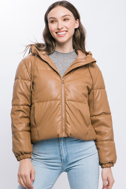 Women's Pu Faux Leather Zipper Hooded Puffer Jacket