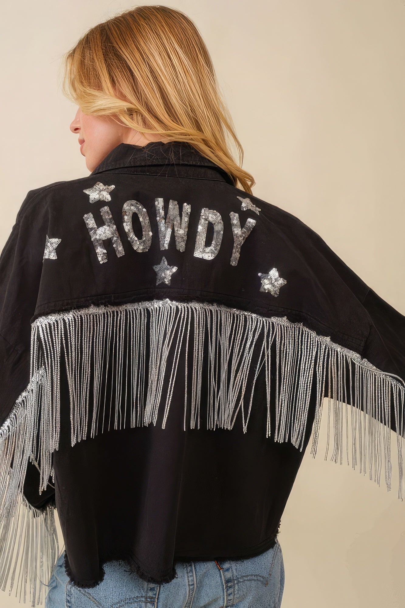 Women's Howdy Sequin Fringe And Star Patches Jacket