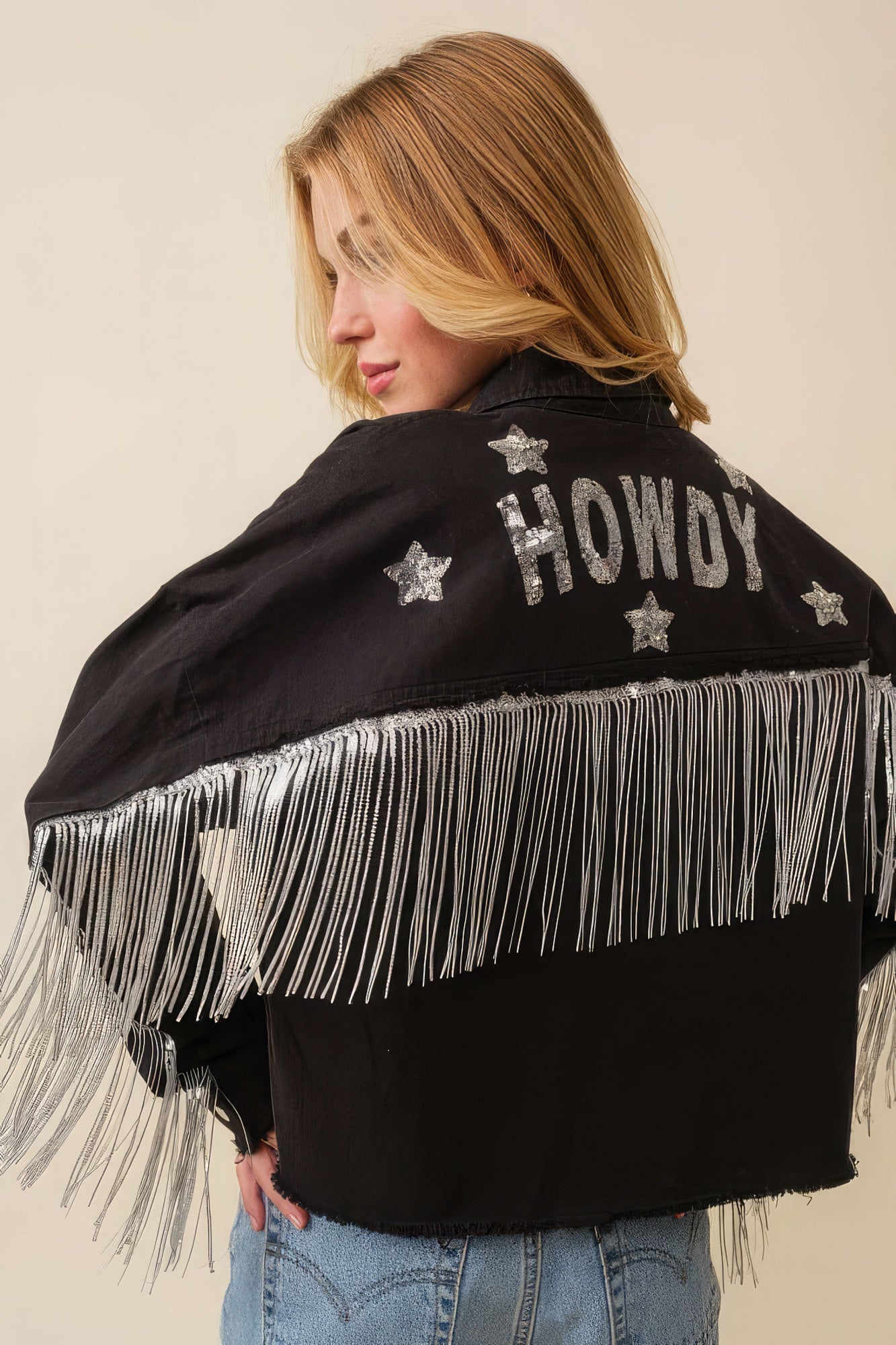 Women's Howdy Sequin Fringe And Star Patches Jacket