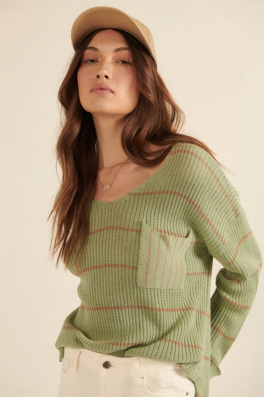 Women Striped Rib-knit Oversized Pocket Sweater