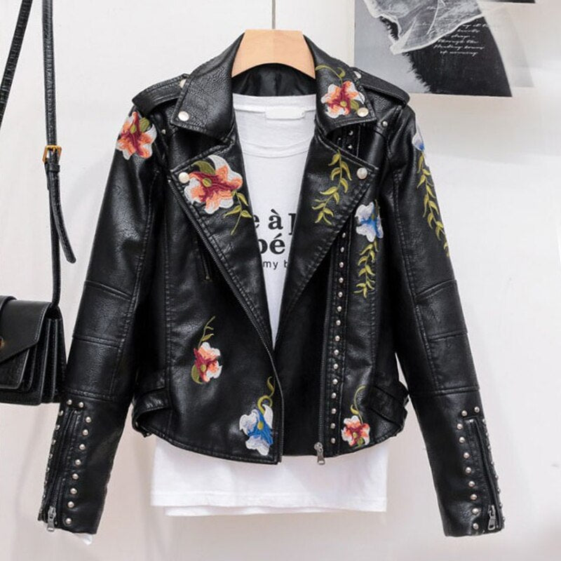 Women Faux Soft Leather Jacket Coat Lapel Collar Pu Motorcycle Black Punk Short Outerwear - WJK2574