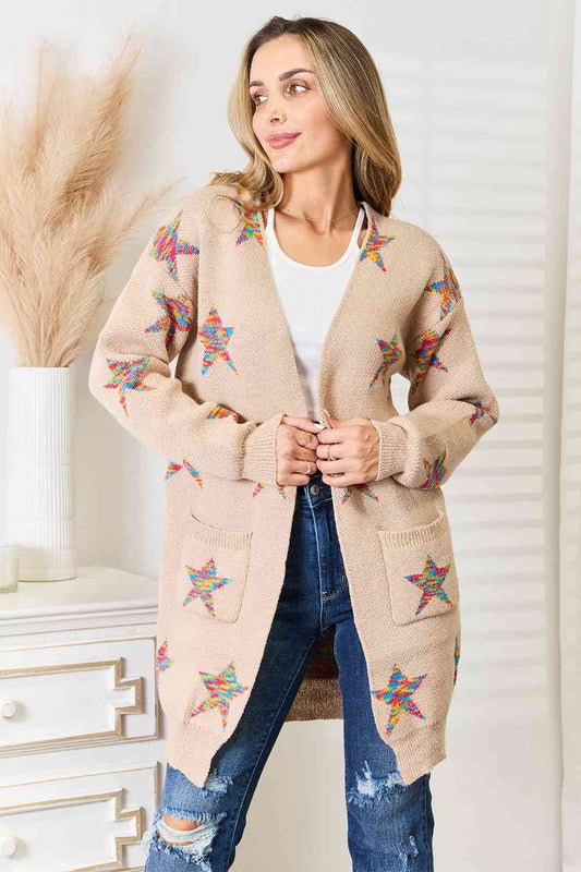 Women's Double Take Star Pattern Open Front Longline Cardigan