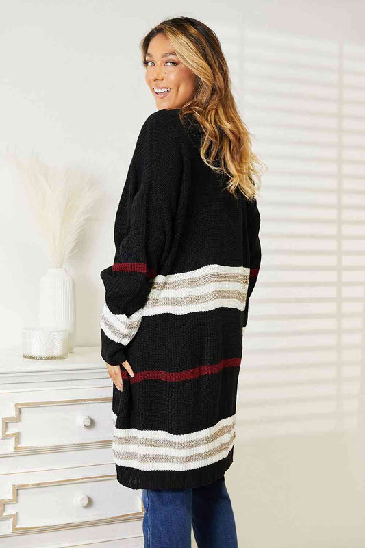 Women's Double Take Striped Rib-Knit Drop Shoulder Open Front Cardigan