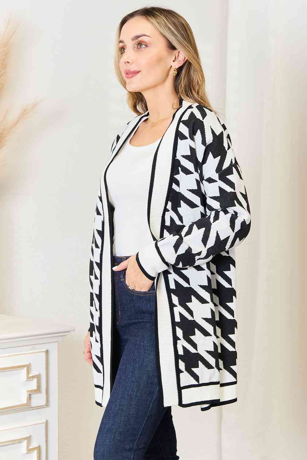 Women's Woven Right Houndstooth Open Front Longline Cardigan