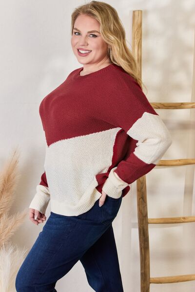 Hailey & Co Full Size Color Block Dropped Shoulder Knit Top Sweater