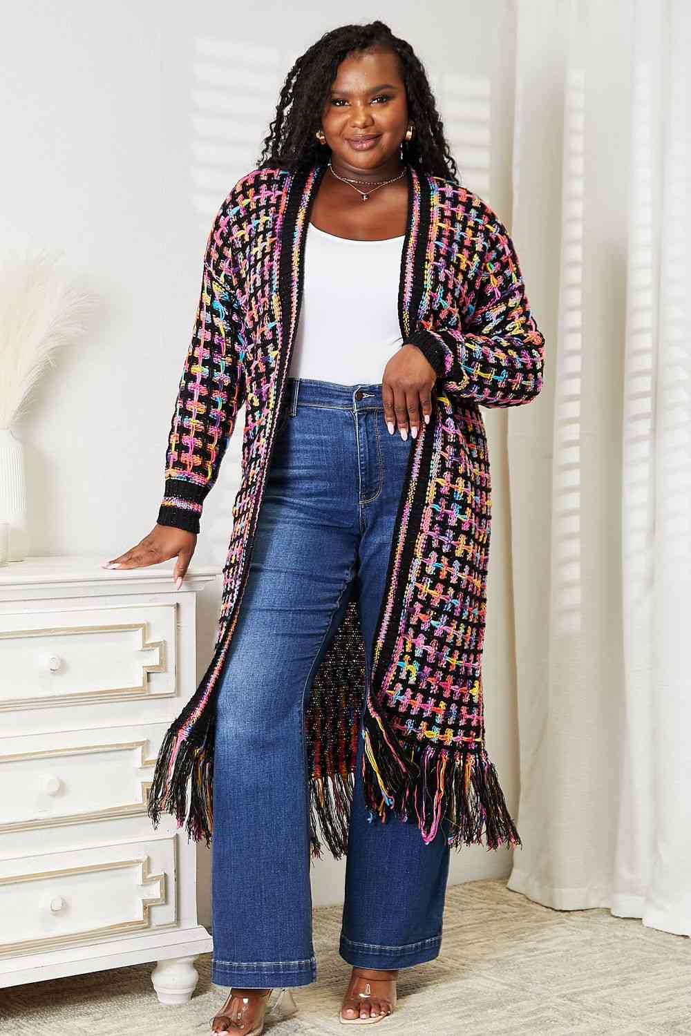 Women's Double Take Full Size Multicolored Open Front Fringe Hem Cardigan