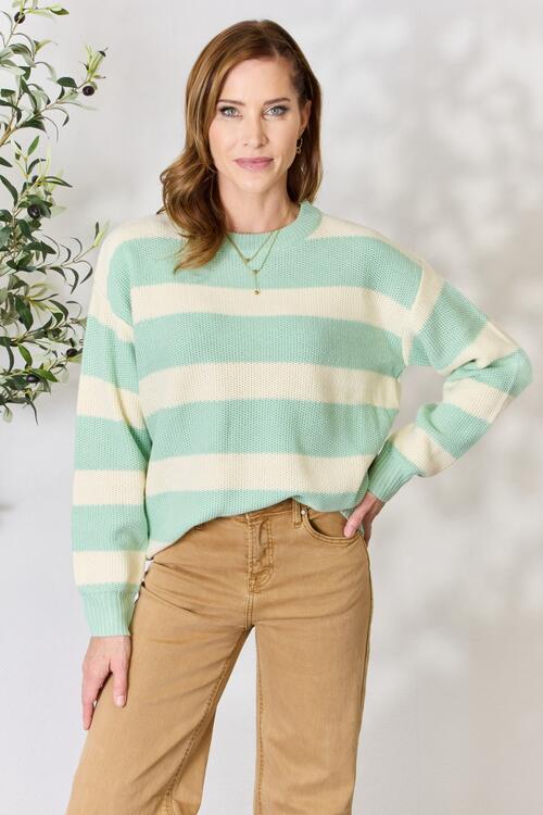 Women's Sew In Love Full Size Contrast Striped Round Neck Sweater