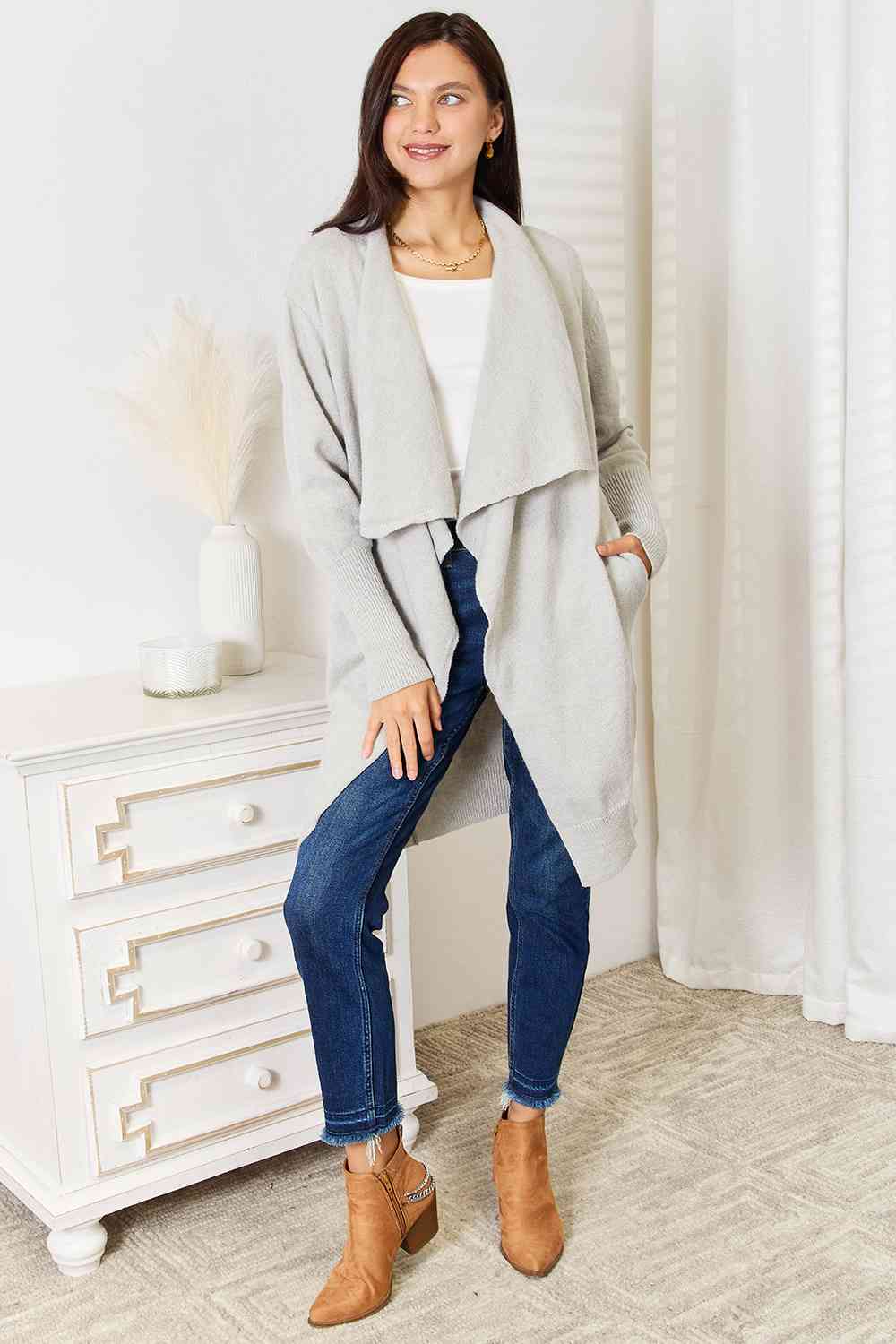 Women's Double Take Open Front Duster Cardigan with Pockets