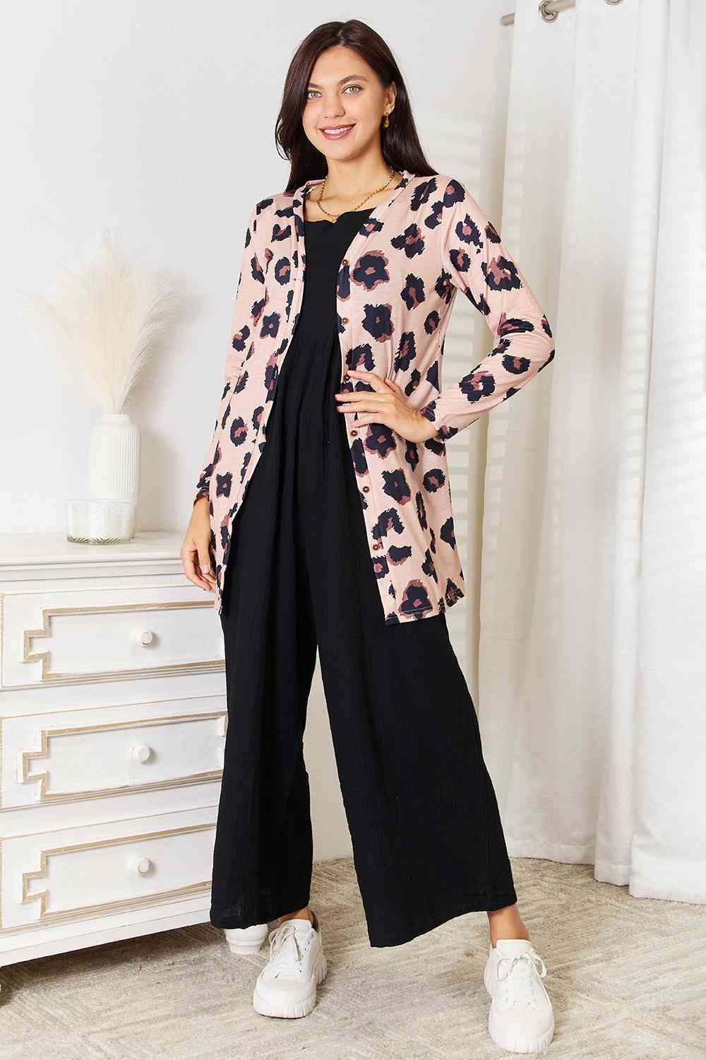 Women's Double Take Printed Button Front Longline Cardigan