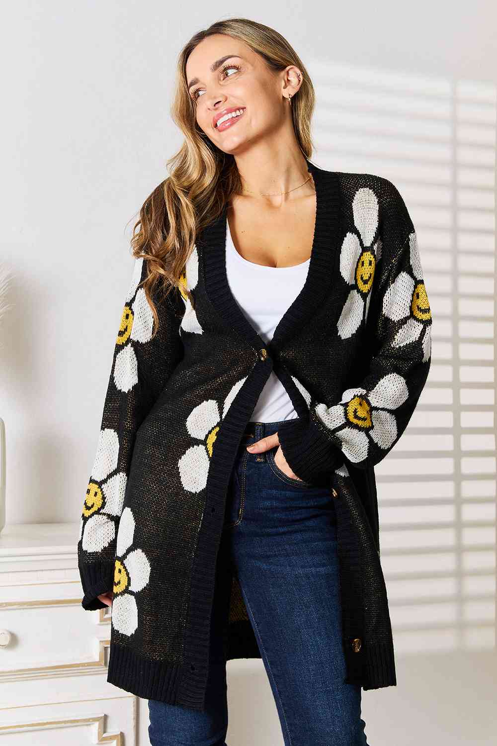 Women's Double Take Floral Button Down Longline Cardigan