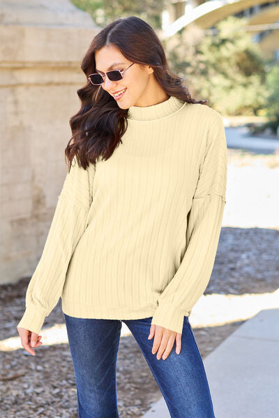 Basic Bae Full Size Ribbed Exposed Seam Mock Neck Knit Top Sweater