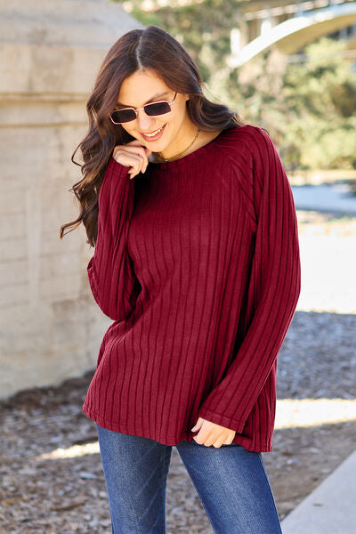 Basic Bae Full Size Ribbed Round Neck Long Sleeve Knit Top Sweater