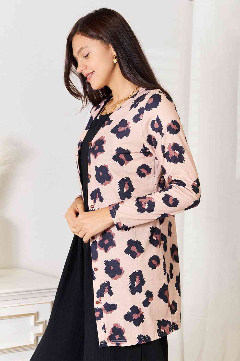 Women's Double Take Printed Button Front Longline Cardigan