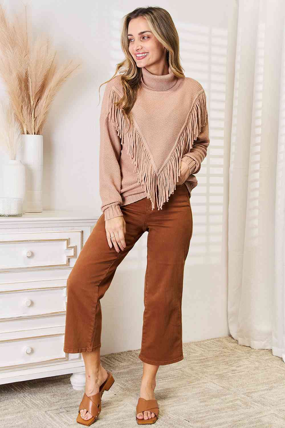 Women Woven Right Turtleneck Fringe Front Long Sleeve Sweater