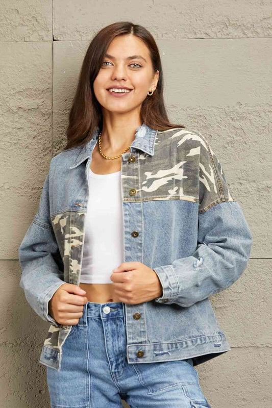 Women's GeeGee Full Size Washed Denim Camo Contrast Jacket