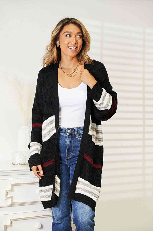 Women's Double Take Striped Rib-Knit Drop Shoulder Open Front Cardigan