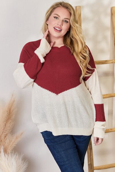 Hailey & Co Full Size Color Block Dropped Shoulder Knit Top Sweater