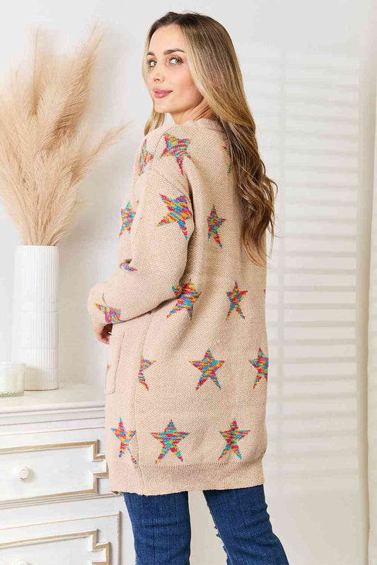 Women's Double Take Star Pattern Open Front Longline Cardigan