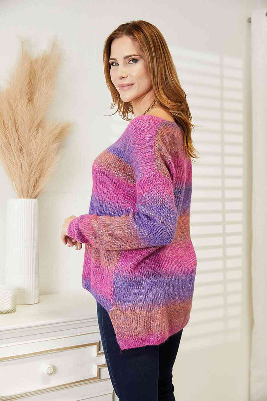 Women's Double Take Multicolored Rib-Knit V-Neck Knit Pullover