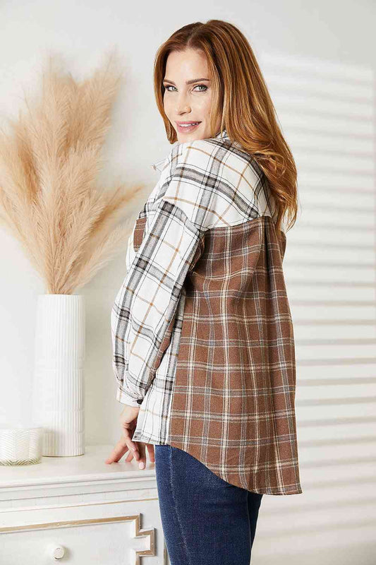 Women's Double Take Plaid Contrast Button Up Shirt Jacket